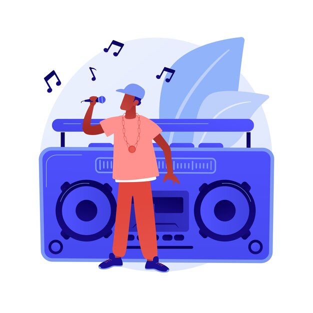 Ilustración de vector de concepto abstracto de música hip-hop. Clases de música RAP, reservar una actuación en línea, fiesta de hip hop, estudio de grabación de música, masterización de sonido, metáfora abstracta de producción de video promocional.