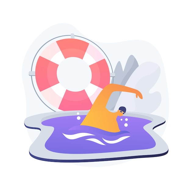Ilustración de vector de concepto abstracto de natación. Deporte acuático, piscina, vacaciones de verano, estilo de vida activo, diversión familiar, entrenamiento físico, ejercicio de estilo libre, metáfora abstracta de competición.