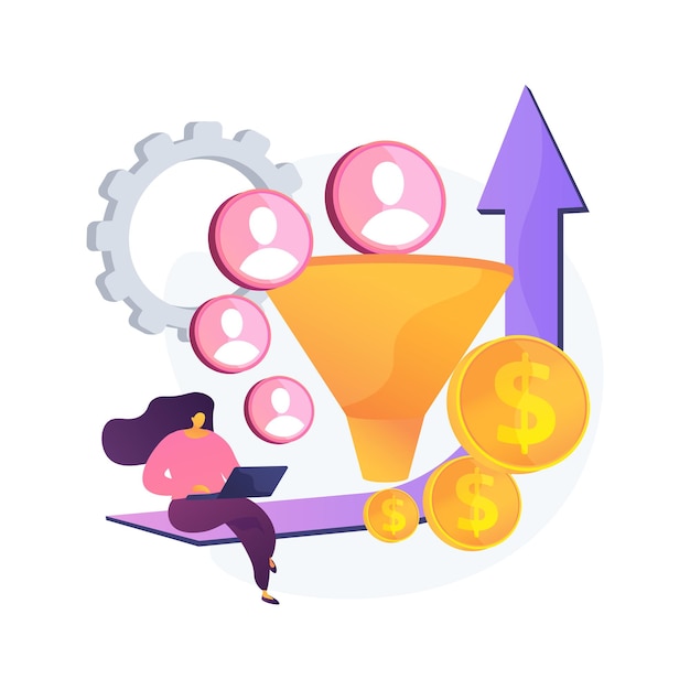 Ilustración de vector de concepto abstracto de optimización de tasa de conversión. el sistema de marketing digital, el marketing de atracción de clientes potenciales, el aumento de visitantes al sitio web, convierten a los visitantes en metáforas abstractas de clientes.