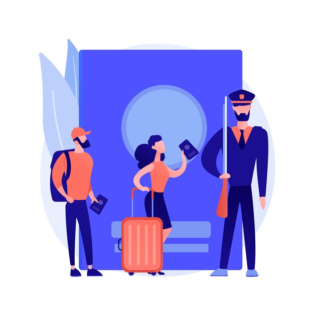 Ilustración de vector de concepto abstracto de política de migración. Informe de migración, investigación de políticas, formulario de solicitud de visa, control de patrullas fronterizas, firmar documentos, marcar, metáfora abstracta de pasaporte.