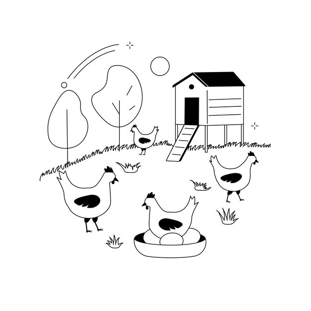 Ilustración de vector de concepto abstracto de pollo y huevos de funcionamiento libre Huevos libres de jaula dieta rica en nutrientes de alimentos orgánicos pollos felices etiquetado de alimentos certificación orgánica metáfora abstracta estándar