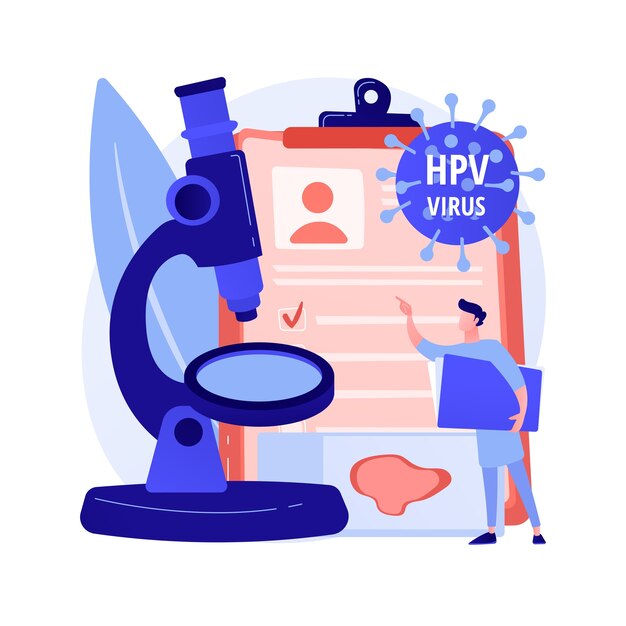 Ilustración de vector de concepto abstracto de prueba de VPH. Kit de prueba del virus del papiloma humano, resultados, pruebas para el hombre, examen para la mujer, prevención del cáncer de cuello uterino, metáfora abstracta del diagnóstico temprano del VPH.