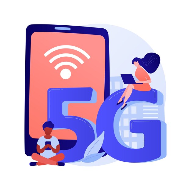 Ilustración de vector de concepto abstracto de red de teléfonos móviles 5G. Comunicación por teléfono móvil, teléfono inteligente moderno, tecnología 5G, conexión rápida a Internet, metáfora abstracta del proveedor de cobertura de red.