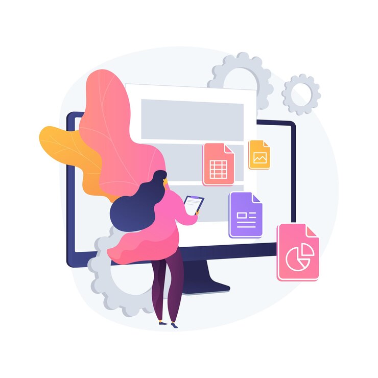 Vector gratuito ilustración de vector de concepto abstracto suave de gestión de documentos. aplicación de flujo de documentos, documentos compuestos, dms basado en la nube, plataforma para compartir archivos en línea. gestionar procesos de negocio metáfora abstracta.