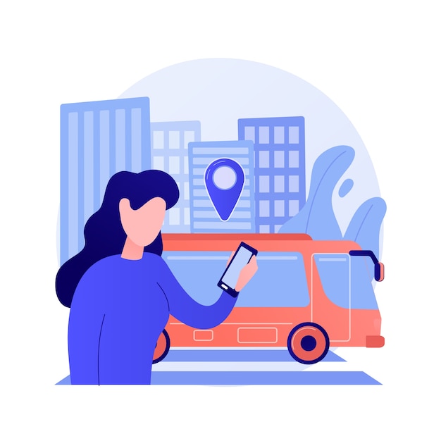 Ilustración de vector de concepto abstracto de transporte público autónomo. Autobús autónomo, servicios de transporte urbano, taxi inteligente, servicio automático de carreteras, autobús público, tren urbano, metáfora abstracta de tráfico.