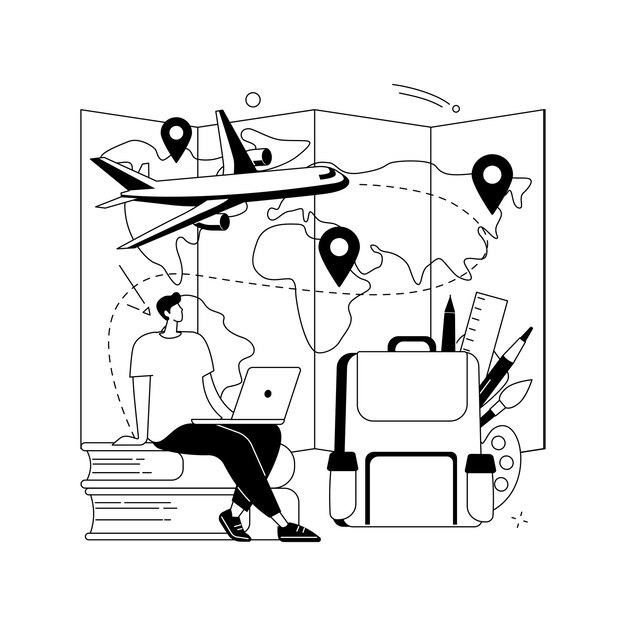 Ilustración de vector de concepto abstracto de turismo educativo Educación de turismo de educación internacional en el extranjero entretenido estudiando grupo de vacaciones de estudiantes de intercambio en metáfora abstracta de aeropuerto
