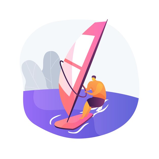 Ilustración de vector de concepto abstracto de windsurf. Deporte acuático, estilo de vida extremo, aventura en el mar, kitesurf, olas del océano, vacaciones en la playa, atleta de windsurf, metáfora abstracta de viento tropical.