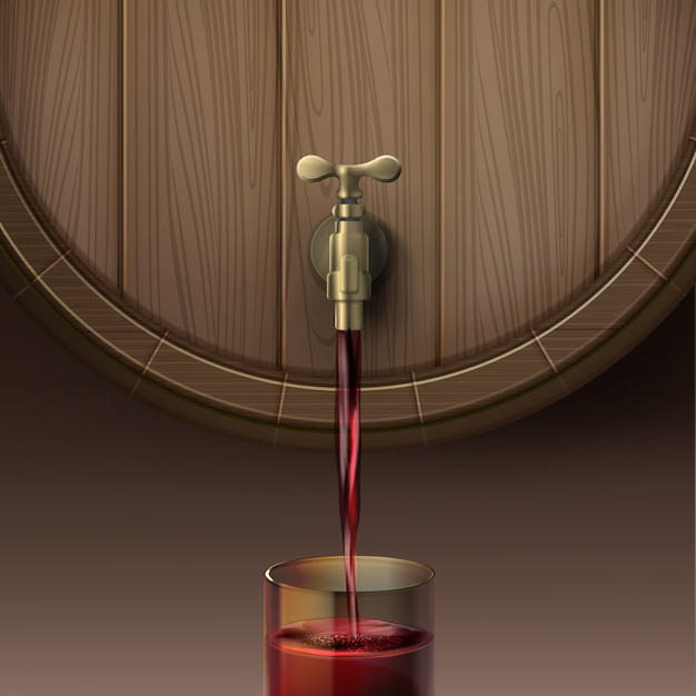 Vector gratuito ilustración de vector de concepto vertiendo vino tinto barril de madera en vaso, aislado sobre fondo marrón