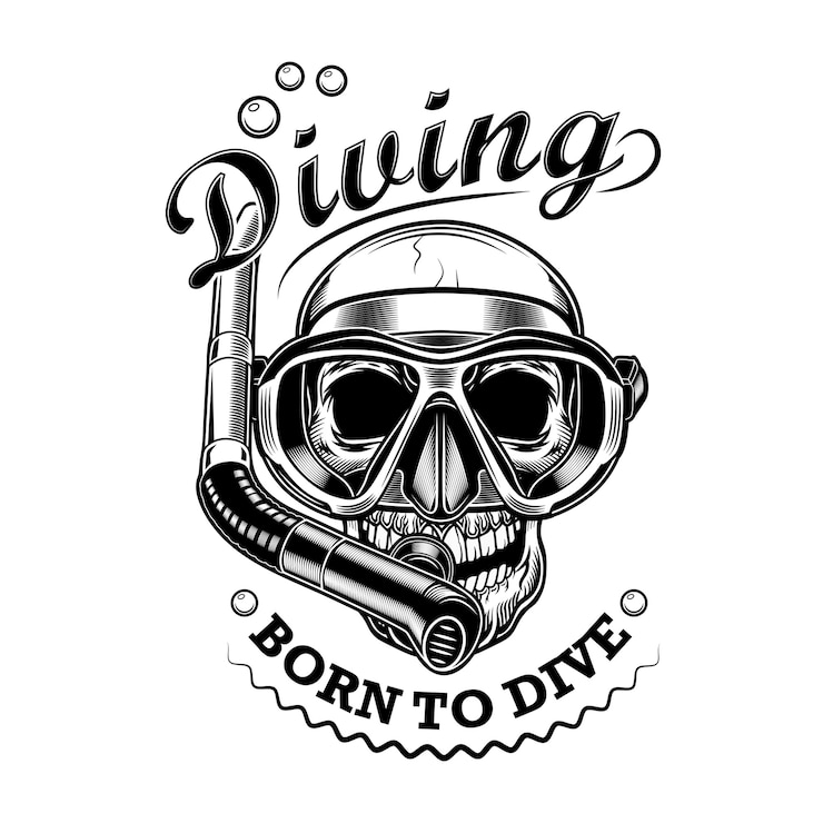 Vector gratuito ilustración de vector de cráneo de buceador. cabeza de esqueleto con máscara y tubo, nacida para bucear texto. concepto de actividad junto al mar para emblemas del club de buceo.