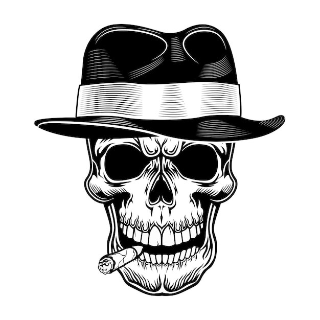 Ilustración de vector de cráneo de gángster. Cabeza de esqueleto con sombrero con cigarro en la boca. Concepto criminal y mafioso para emblemas de pandillas o plantillas de tatuajes