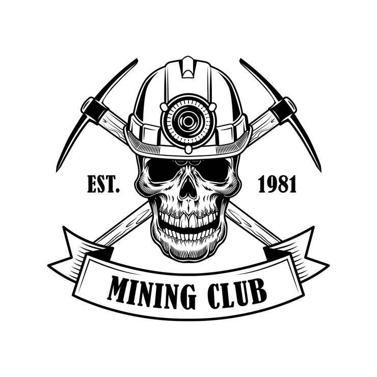 Vector gratuito ilustración de vector de cráneo de mineros de carbón. cabeza de esqueleto en casco con linterna, twibills cruzados y texto. concepto de herramientas de minería de carbón para plantillas de emblemas e insignias