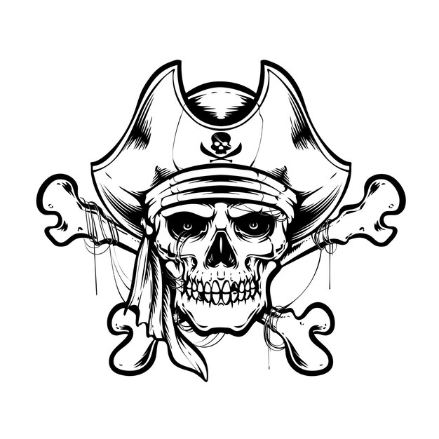 Ilustración de vector de cráneo de piratas blanco negro
