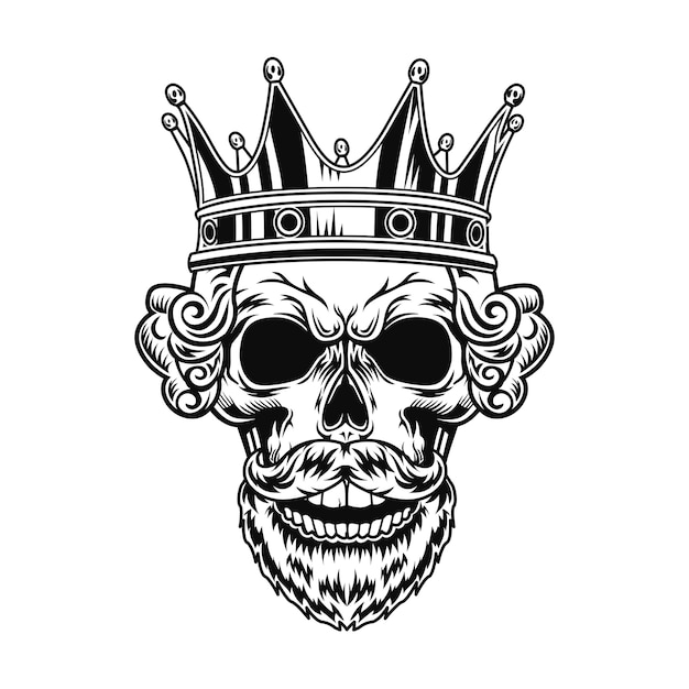 Ilustración de vector de cráneo de rey. Cabeza de personaje con barba, peinado real y corona.