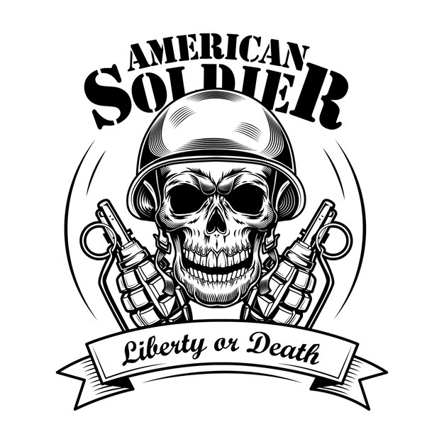 Ilustración de vector de cráneo de soldado americano. Cabeza de esqueleto en casco tankman, dos granadas y texto de libertad o muerte. Concepto militar o militar para emblemas o plantillas de tatuajes
