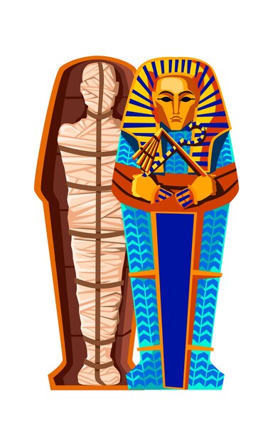 Ilustración de vector de dibujos animados de creación de momia. Etapas del proceso de momificación, embalsamamiento del cadáver, envolverlo con tela y colocarlo en sarcófago egipcio. Tradiciones del antiguo Egipto, culto a los muertos