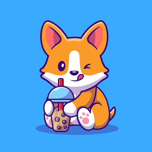 Ilustración de Vector de dibujos animados lindo Corgi beber leche té Boba. Bebida animal concepto aislado Vector. Estilo de dibujos animados plana