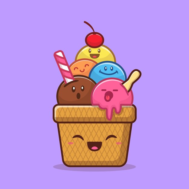 Ilustración de vector de dibujos animados lindo helado feliz. Concepto de helado de alimentos aislado. Estilo de dibujos animados plana