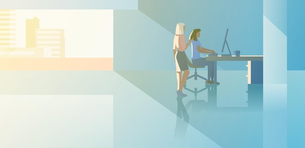 Vector gratuito ilustración de vector de diseño plano de espacio abierto interior de oficina. hombre sentado trabajando con la computadora de escritorio con el cliente boss cliente de pie.