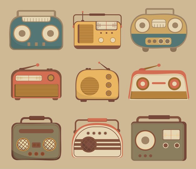 Ilustración de vector de dispositivo de receptor de radio de diseño vintage antiguo Limitación de estilo de placa de rasguño Elementos de diseño e iconos