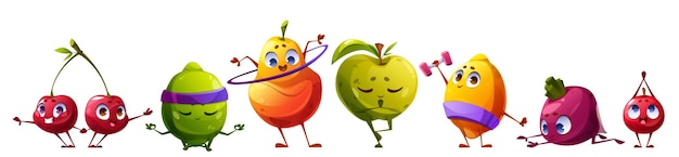 Ilustración de vector de ejercicio de personaje de fruta linda comida divertida conjunto de iconos de entrenamiento de yoga saludable limón fuerte lima zen pilates baya y remolacha elástica pose cómica aislada nutrición fitness clipart