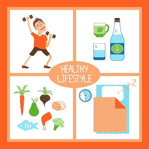 Vector gratuito ilustración de vector de estilo de vida saludable con un hombre levantando pesas para fitness agua pura o bebidas orgánicas dieta y comida saludables y suficiente sueño