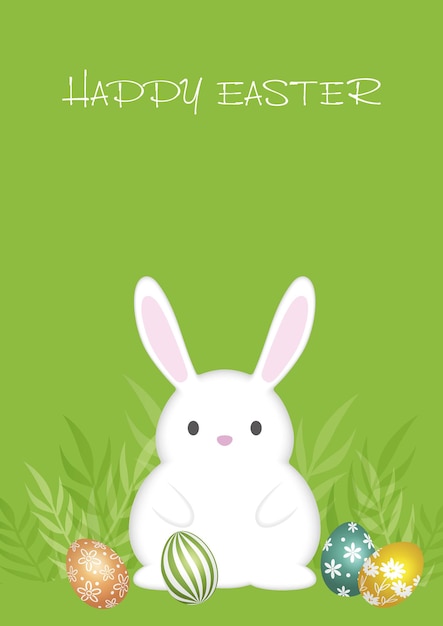 Vector gratuito ilustración de vector de fondo de pascua con un conejito de pascua, huevos coloridos y espacio de texto.