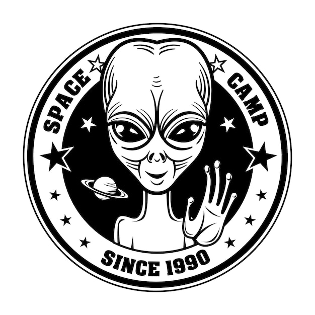 Ilustración de vector de gente de saludo alienígena retro. Emblema del campamento espacial con carácter extraterrestre.