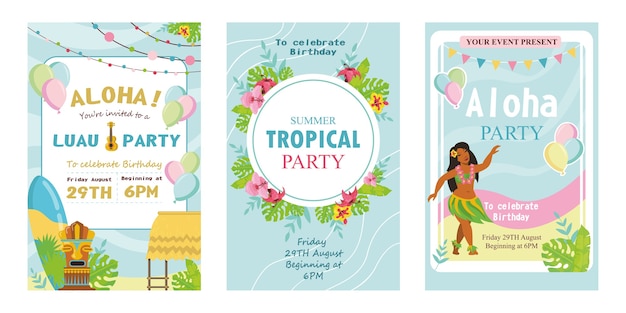 Ilustración de vector de invitaciones de fiesta tropical creativa.