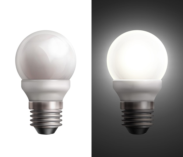 Ilustración de vector con lámparas de ahorro de energía apagadas y brillantes sobre fondo blanco y negro