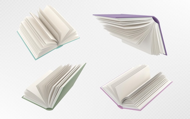 Ilustración de vector de libro de papel de escuela de mosca abierta aislada sobre fondo blanco Publicar historia novedosa con cubierta de color después de viento de imaginación en librería Diseño de sueño de educación con espacio de texto limpio