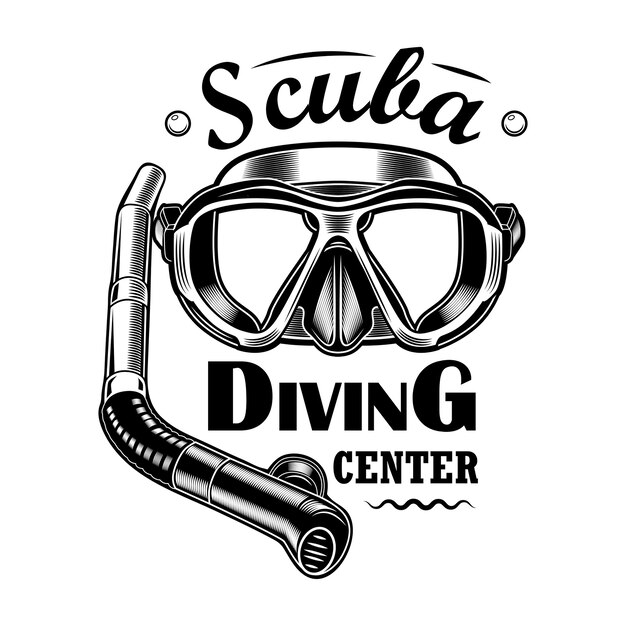 Ilustración de vector de máscara y tubo de buzo. Texto del centro de buceo. Concepto de actividad junto al mar para plantillas de etiquetas o emblemas de clubes de buceo o snorkel