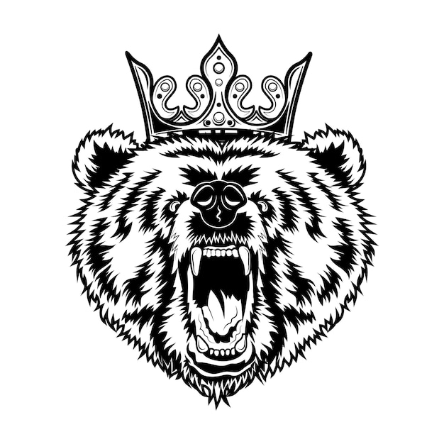 Ilustración de vector de oso rey. Cabeza de animal rugiente enojado con corona real