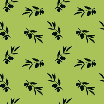 Ilustración de vector con patrones sin fisuras de rama de olivo sobre un fondo verde. etiqueta para productores de aceite de oliva, diseño de envases de aceitunas, impresión de tela