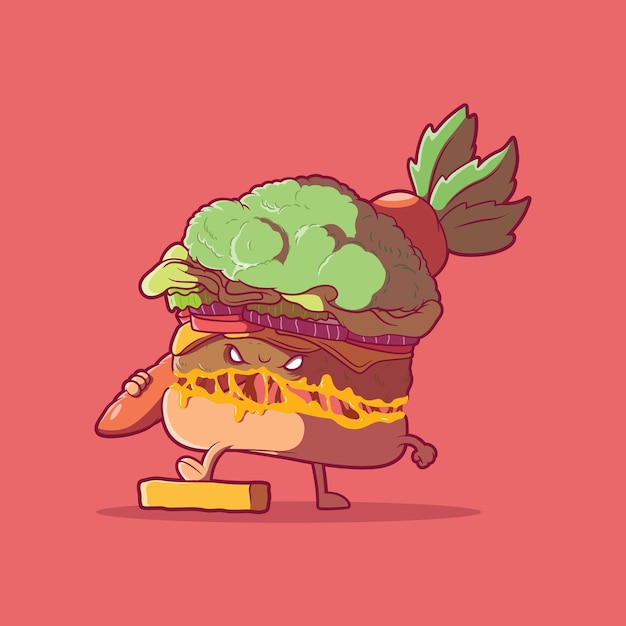 Vector gratuito ilustración de vector de personaje de monstruo de hamburguesa vegetariana concepto de diseño vegetariano saludable de comida