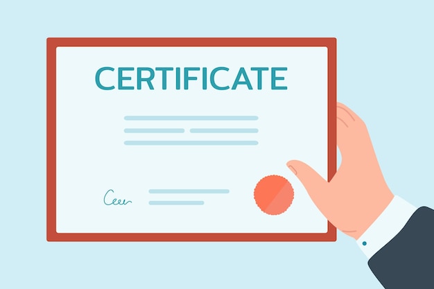 Vector gratuito ilustración de vector plano de certificado de mano. persona que recibe el certificado de finalización de cursos de educación adicionales. graduación, desarrollo, concepto de documento.