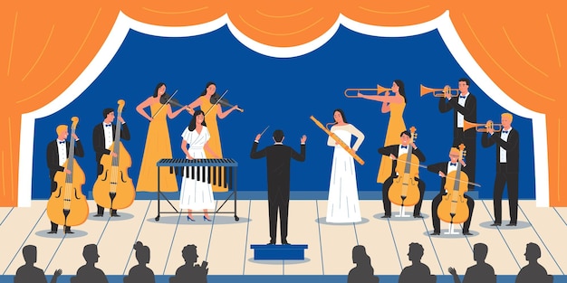 Ilustración de vector plano de concierto musical con músicos y director de banda en el escenario y siluetas de la audiencia que viene a escuchar música