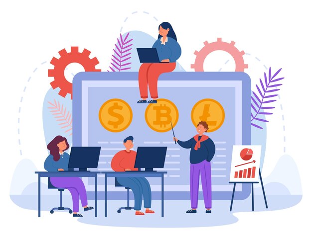 Ilustración de vector plano de educación financiera. Jóvenes que aprenden a comerciar con criptomonedas en cursos de negociación. Negocios, finanzas, concepto comercial