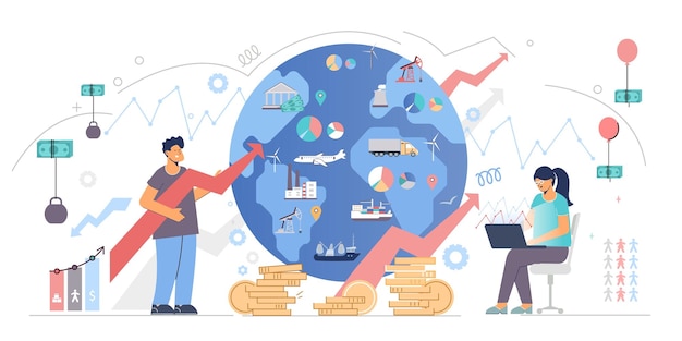 Ilustración de vector plano de macroeconomía con imagen de globo en el centro y moneda atada a globos y pesas rusas que simbolizan el mercado cambiante