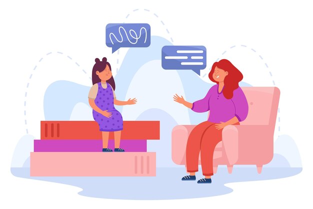 Ilustración de vector plano patólogo del lenguaje del habla. Una especialista feliz ayudando a una niña a superar problemas de articulación. Habilidades lingüísticas básicas, terapia del habla, concepto de medicina.