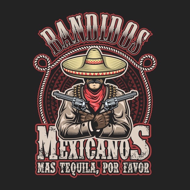 Vector gratuito ilustración de vector de plantilla de impresión de bandido mexicano. hombre con armas en las manos en sombrero con texto.