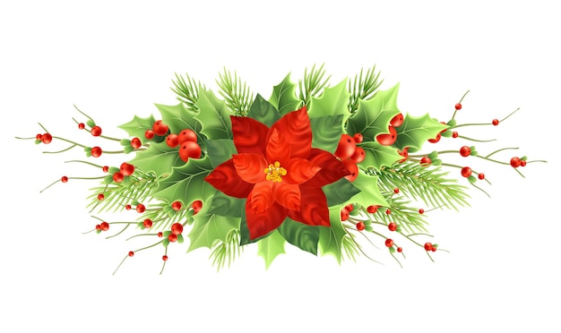 Ilustración de vector realista de flor de nochebuena de Navidad. Decoración navideña de ramas de acebo, frutos rojos, flor de pascua y abeto. Plantas ornamentales de Navidad. Banner aislado, elemento de diseño de color de cartel