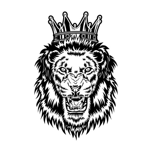 Ilustración de vector de rey león. Cabeza de animal macho rugiente enojado con melena y corona real