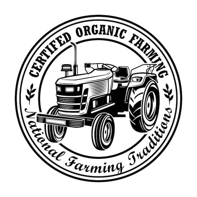 Ilustración de vector de sello de agricultura orgánica certificada. Tractor de agricultores, marco circular, texto de tradiciones nacionales. Concepto de agricultura o agronomía para emblemas, sellos, plantillas de etiquetas