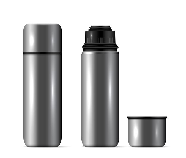 Ilustración de vector de tapa abierta y cerrada de metal plateado de composición de taza de matraz termo aislado realista