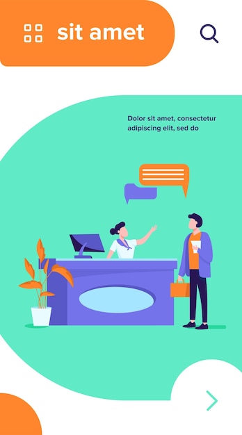 Ilustración de vector de trabajo de recepcionista. Gerente de consultoría de clientes en recepción