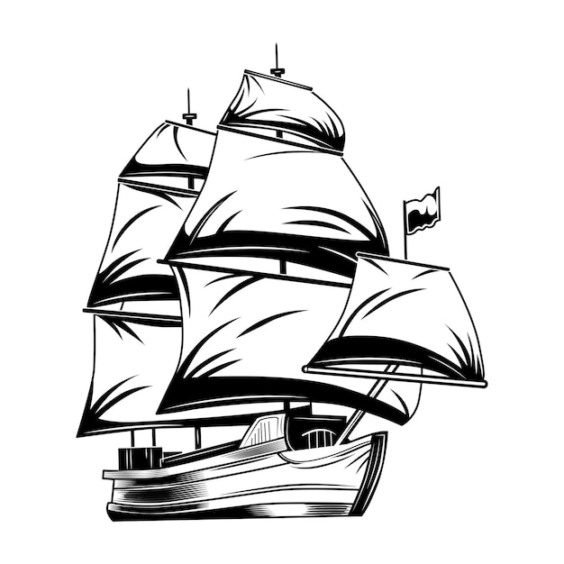 Ilustración de vector de velero vintage. Velero clásico monocromo.