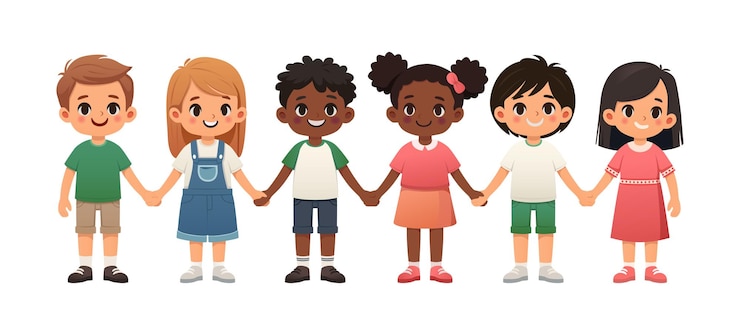 Vector gratuito ilustración vectorial al estilo de dibujos animados niños tomados de la mano de diferentes razas niños felices sonriendo
