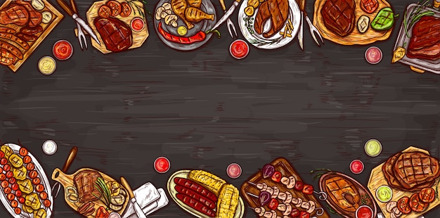 Ilustración vectorial, banner culinario, fondo de barbacoa con carne a la parrilla, salchichas, verduras y salsas.