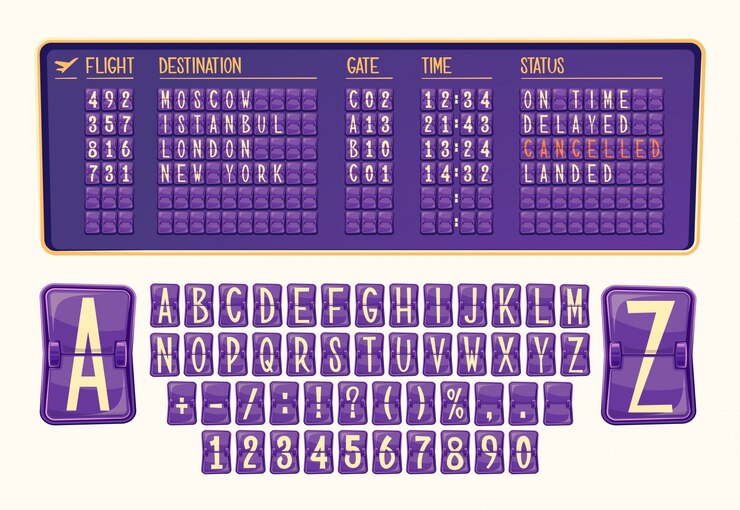 Vector gratuito ilustración vectorial bordo de llegada y salida en el aeropuerto con varios números y letras en estilo de dibujos animados.