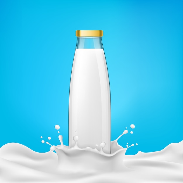 Ilustración vectorial botellas de vidrio con leche o productos lácteos se encuentra en un salpicadero de leche